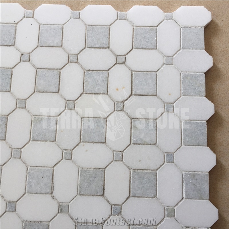 Thassos And Blue White Marble Geometry Mosaic Floor Tile