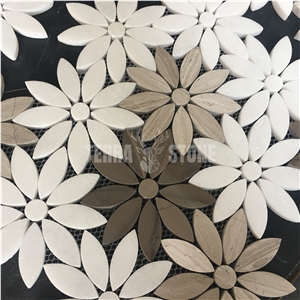 Thassos Marble Grey Wood Daisy Design Waterjet Mosaic Tile