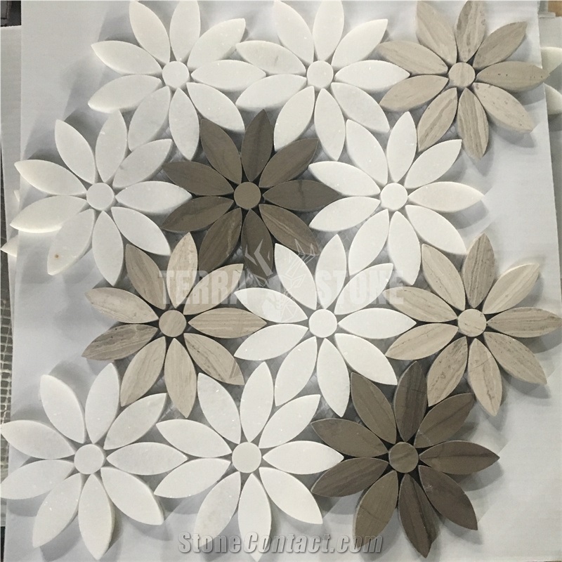 Thassos Marble Grey Wood Daisy Design Waterjet Mosaic Tile