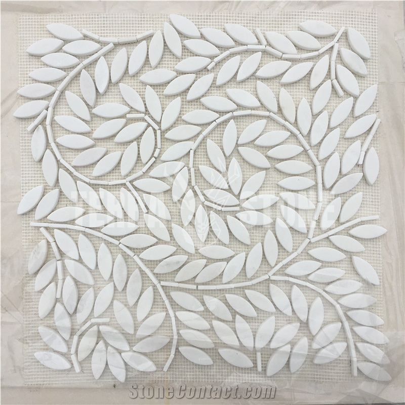 Thassos Pure White Marble Mosaic Leaf Pattern Waterjet Tiles