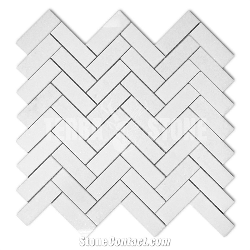 Thassos White Marble 1X3 Herringbone Mosaic Tile Polished