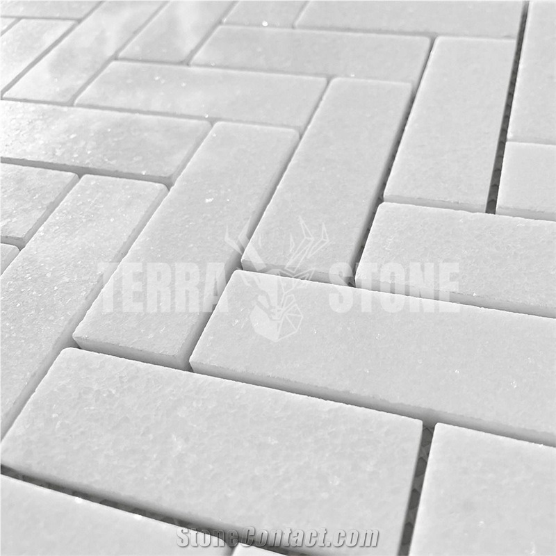 Thassos White Marble 1X3 Herringbone Mosaic Tile Polished