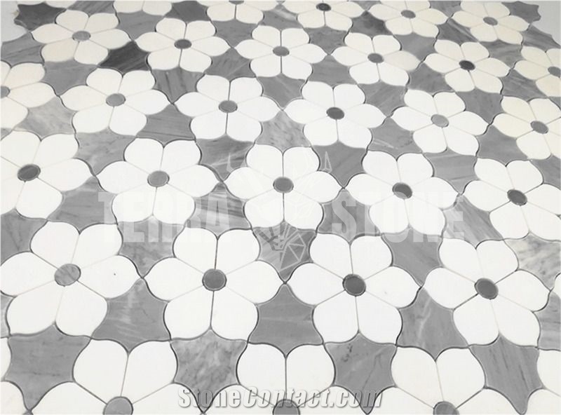 Thassos White Marble Flower Mosaic Tile Bardiglio Gray