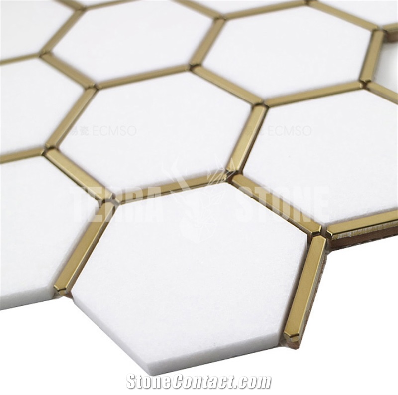 Thassos White Marble Hexagon Mosaic With Brass Inlay Tile
