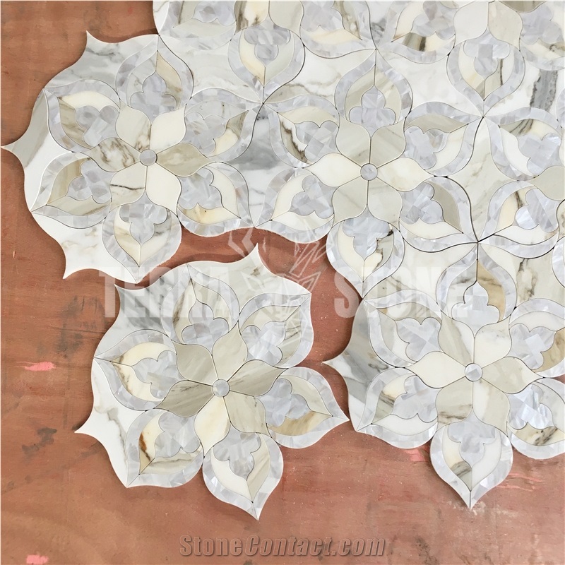 Thassos White Marble Shell Mosaic Tile Flower Waterjet