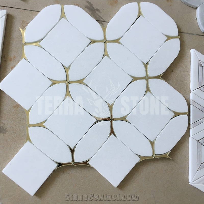 Thassos White Marble With Golden Glass Water-Jet Mosaic Tile