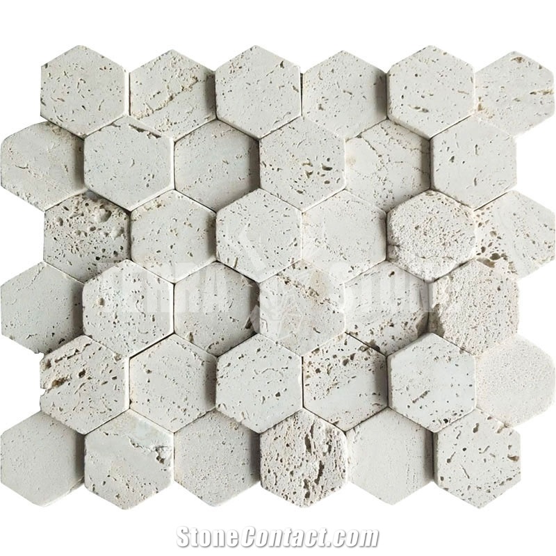 Travertine White Stone Mosaic Hexagon Cultured Tile For Wall