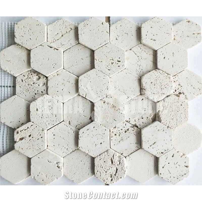 Travertine White Stone Mosaic Hexagon Cultured Tile For Wall