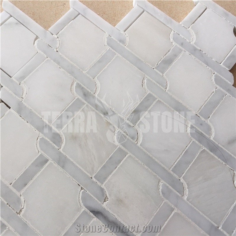 Water Jet Bianco Carrara White Thassos Marble Mosaic Tile