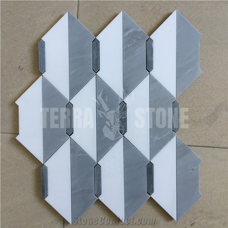 Water Jet Cross Pattern White And Grey Marble Mosaic Tile