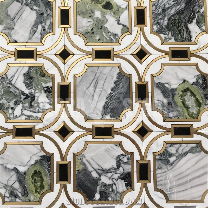 Water Jet Mosaic Tile Gold Metal Brass White Beauty Marble