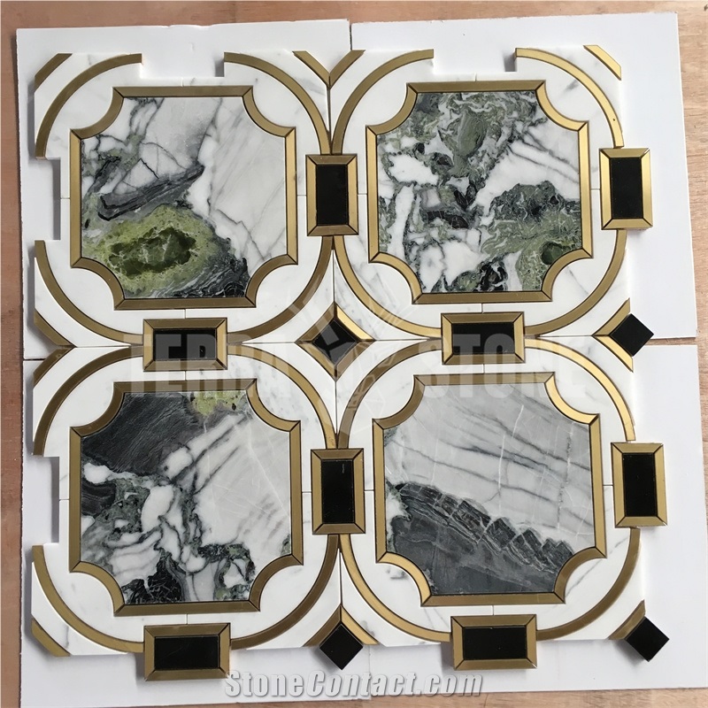 Water Jet Mosaic Tile Gold Metal Brass White Beauty Marble