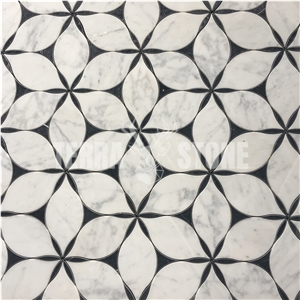 Water-Jet Statuario White Marble Mosaic Floral Design Tile
