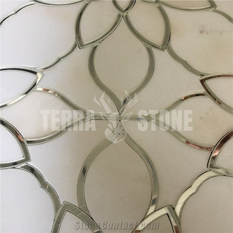 Water Jet Thassos Marble Mosaic With Mirror Glass Tile