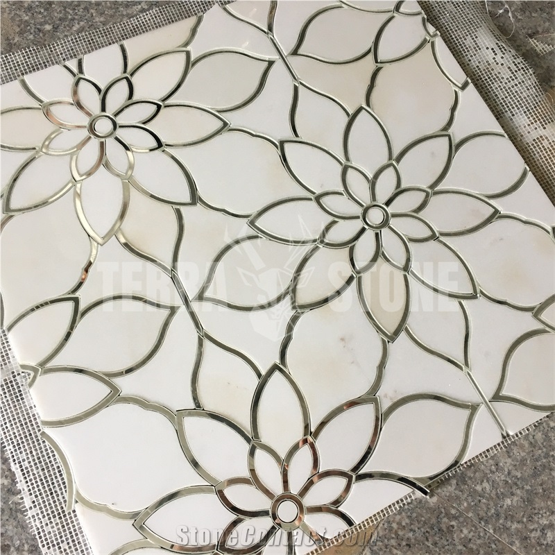 Water Jet Thassos Marble Mosaic With Mirror Glass Tile