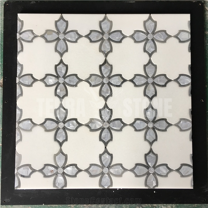 Waterejet Flower White Marble Mother Pearl Shell Mosaic Tile