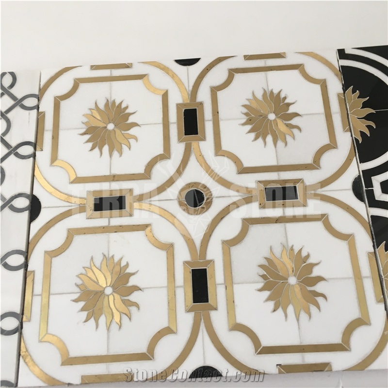Waterjet Black Marble Mosaic Inlay Gold Brass Wall Tile