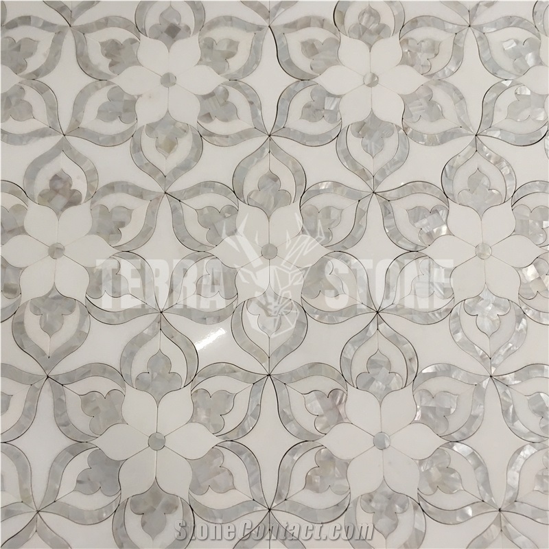 Waterjet Flower White Marble Mosaic For Bathroom Floor