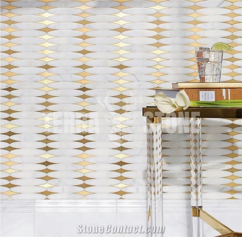 Waterjet Marble Mosaic With Brass Luxury Tile For Wall