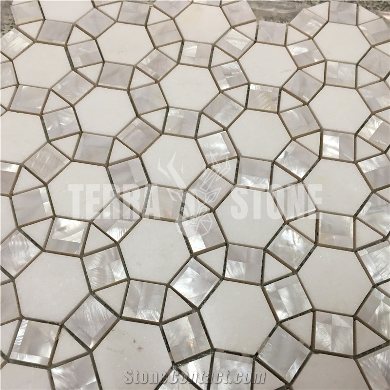 Waterjet Marble With Mother Pearl Shell Mosaic Tile Football