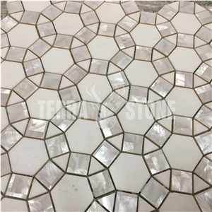 Waterjet Marble With Mother Pearl Shell Mosaic Tile Football