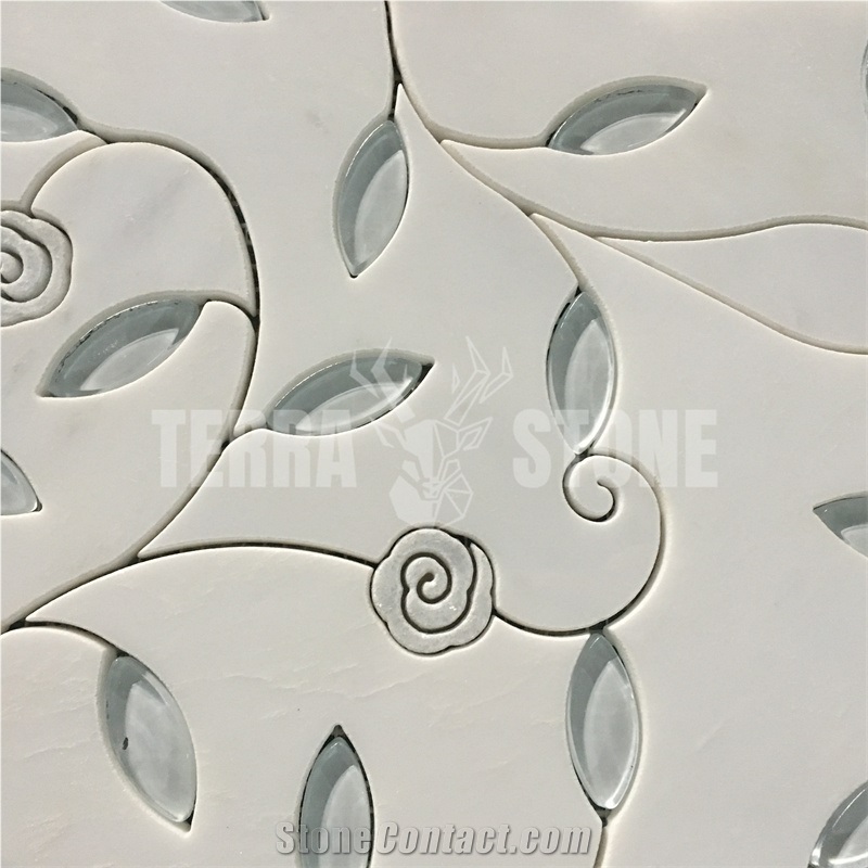 Waterjet Mosaic Flower Crystal Glass Leaf Marble Tile