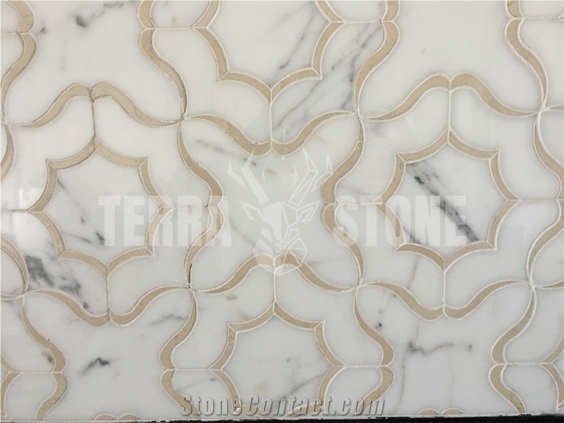 Waterjet White And Beige Marble Mosaic Tile Kichen Bathroom