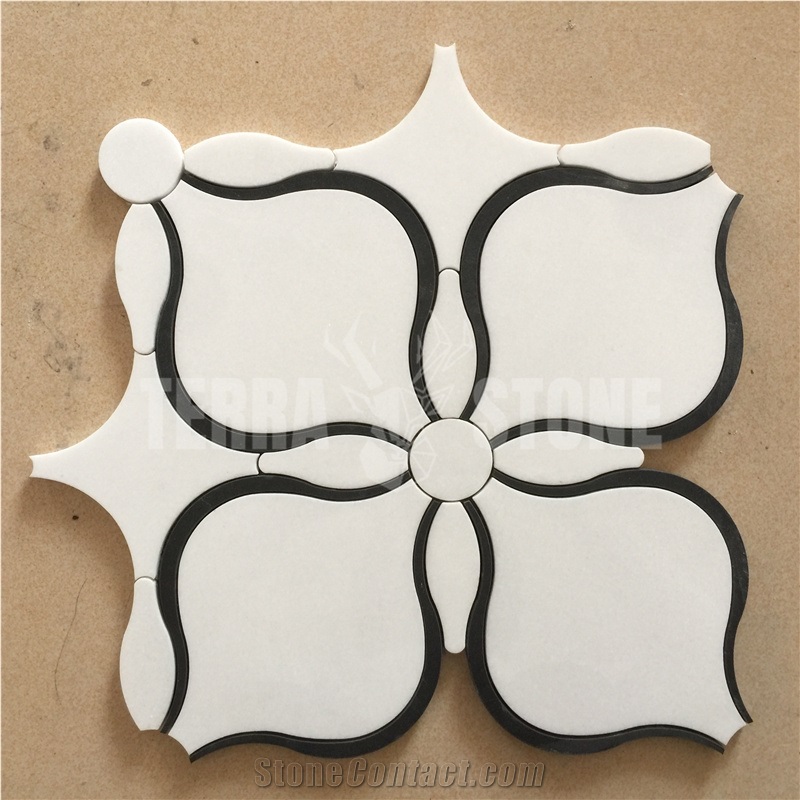 Waterjet White Mix Black Marble Mosaic Patterns For Wall