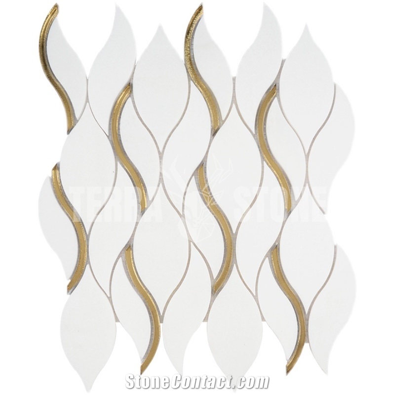 Waterjet White Thassos Marble Mosaic S Design With Brass