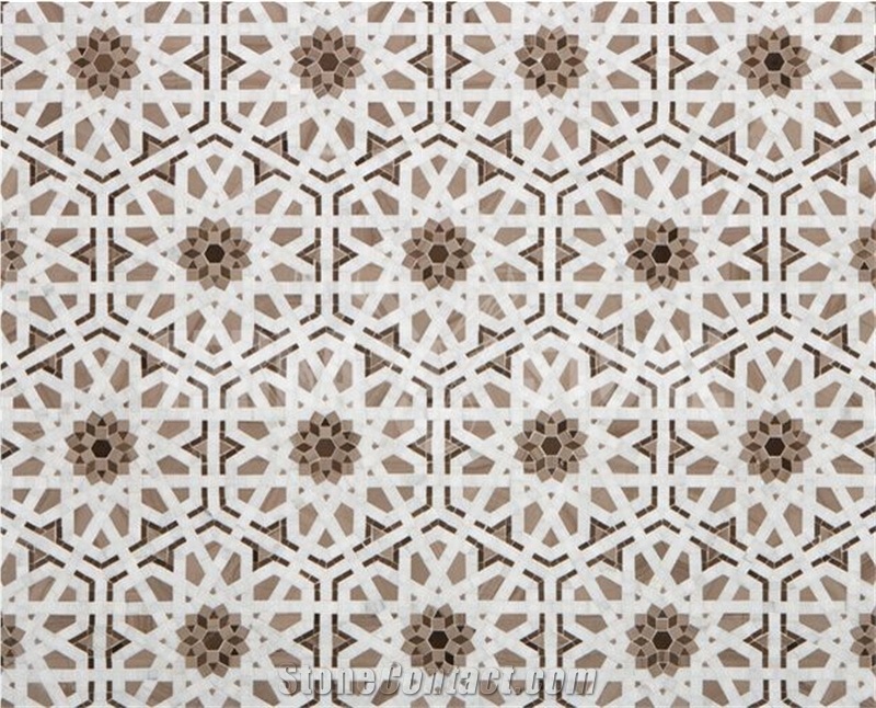 White And Brown Marble Chipped Mosaic Mural Flower Design