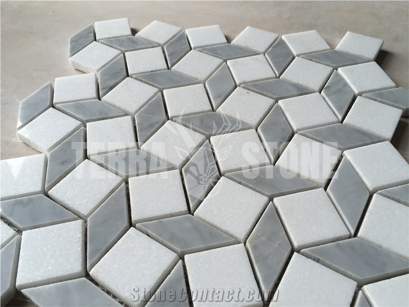 White And Gray Marble Rhombus Water Jet Mosaic Tile