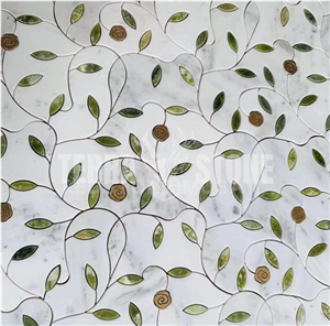 White And Green Waterjet Marble Mosaic For Home Decoration