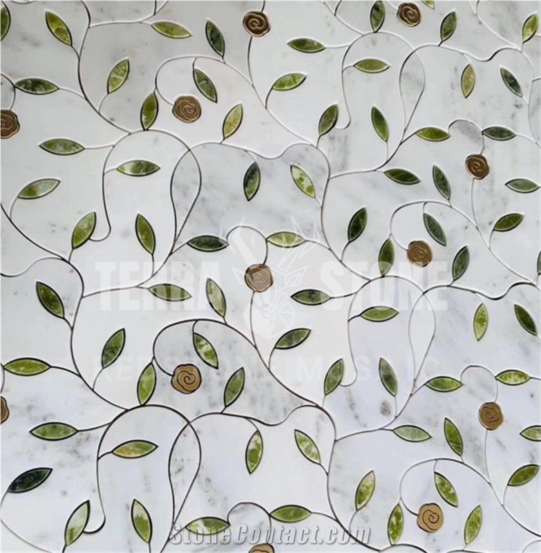 White And Green Waterjet Marble Mosaic For Home Decoration