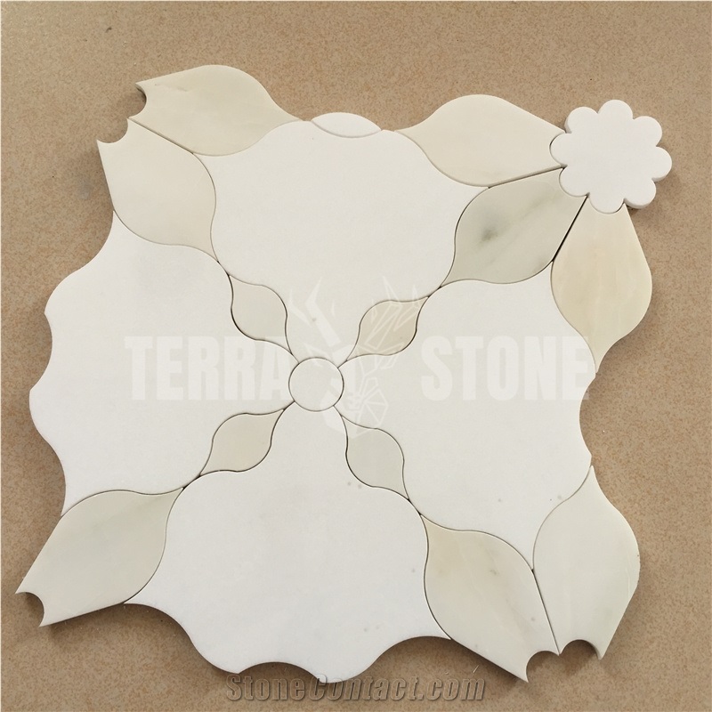 White Beige Stone Parquet Waterjet Flower Marble Mosaic