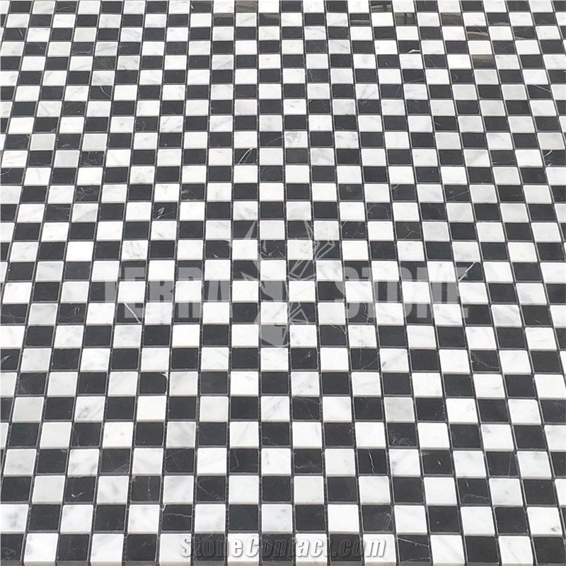 White Black Marble 1X1 Checkerboard Mosaic Tile Polished
