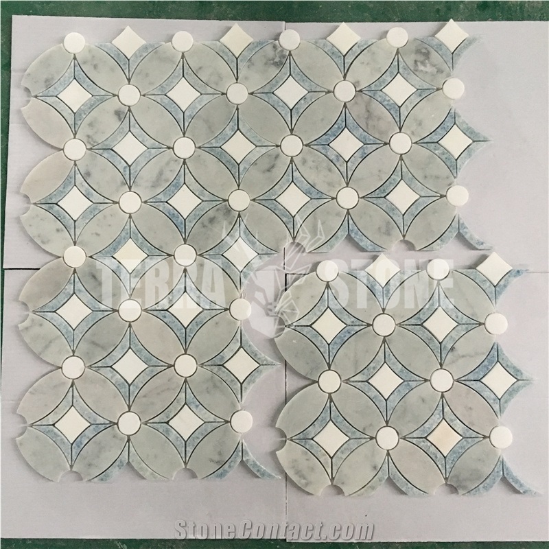 White Blue Marble Mosaic Waterjet Kitchen Backsplash Tile