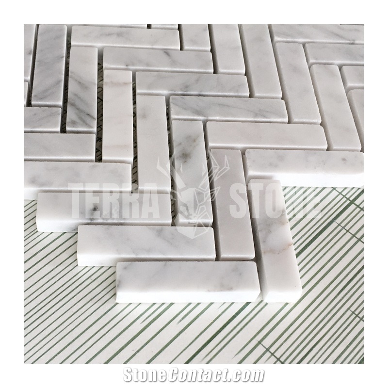 White Carrara Marble 1"X3"Herringbone Mosaic Tile