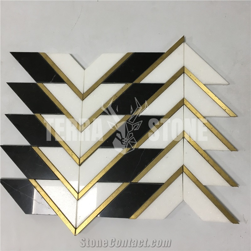 White Marble Water Jet Mosaic Gold Metal Brass Inlay Tile