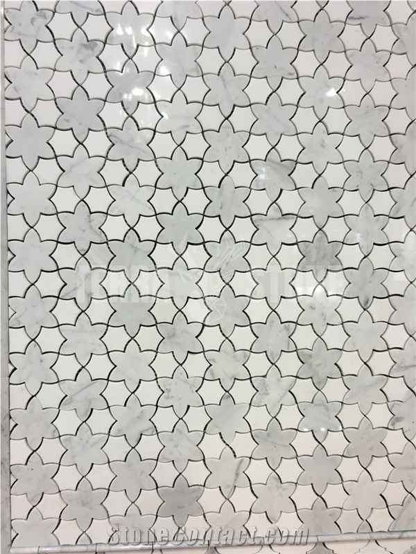 White Marble With Grey Stone Pinwheel Mosaic Floor Tile