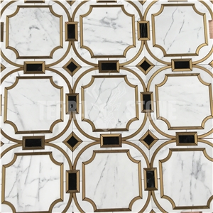 White Staturario Marble Mixed Brass Water Jet Mosaic