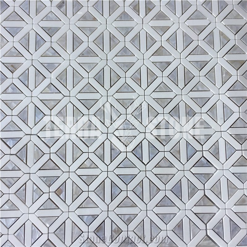 White Stone Tile Waterjet Marble Mosaic With Pearl Shell