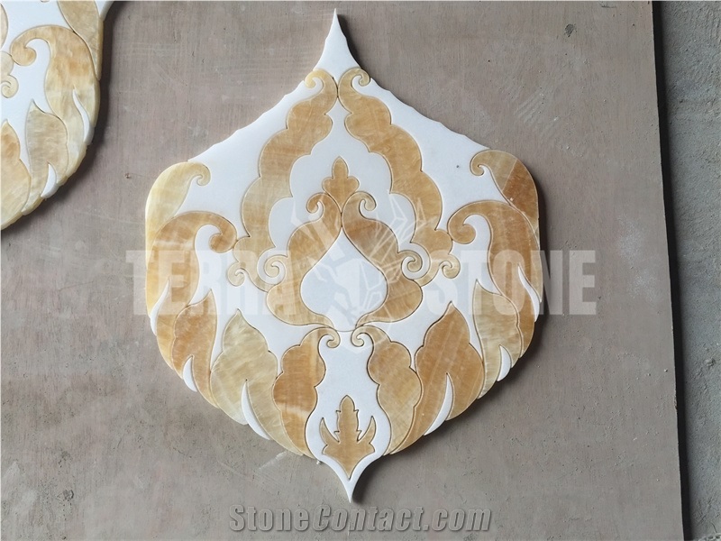White Thassos Marble Fire Honey Onyx Waterjet Mosaic Tile