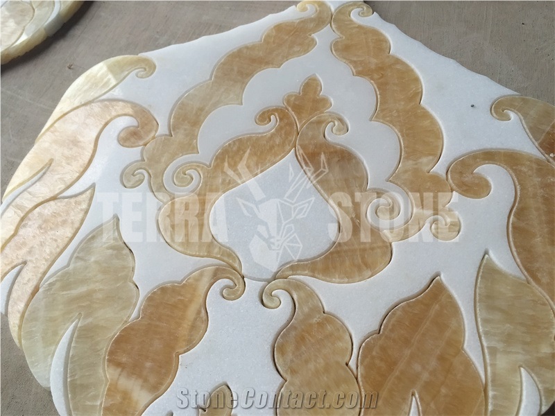 White Thassos Marble Fire Honey Onyx Waterjet Mosaic Tile
