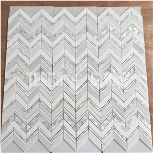 White Thassos Marble Pearl Shell Chevron Tile Mosaic
