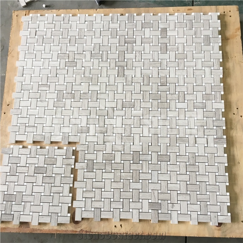 White Wood Marble Basketweave With White Dots Mosaic Tile