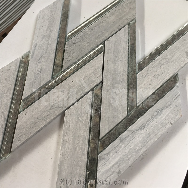 White Wood Marble With Mirror Glass Herringbone Mosaic Tile