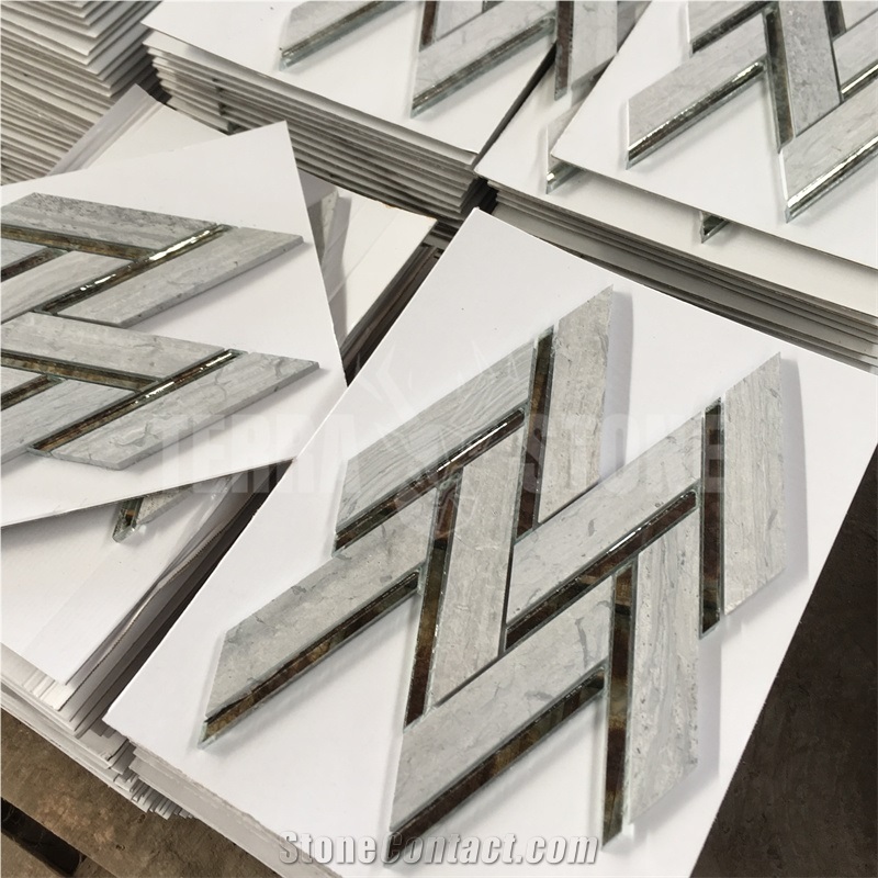 White Wood Marble With Mirror Glass Herringbone Mosaic Tile