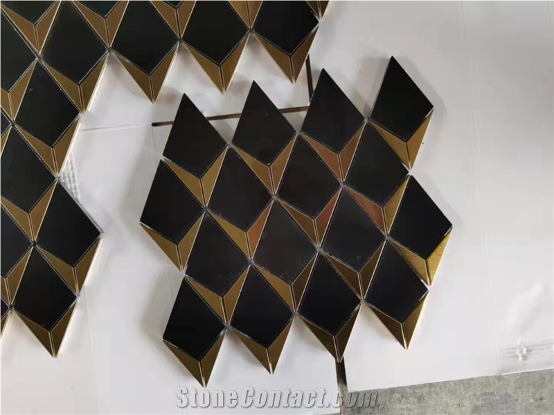 Black Marble Chevron Mosaic With Brass Strip New Mosaic