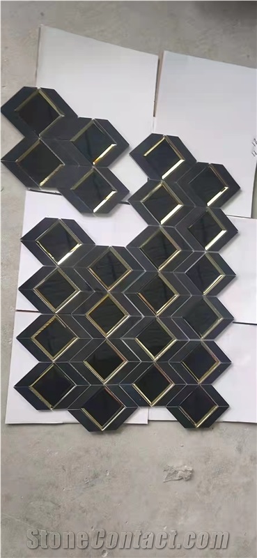 Black Marble Chevron Mosaic With Brass Strip New Mosaic