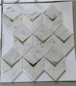 Carrara Diamond Mosaic With Brass Design Waterjet Mosaic